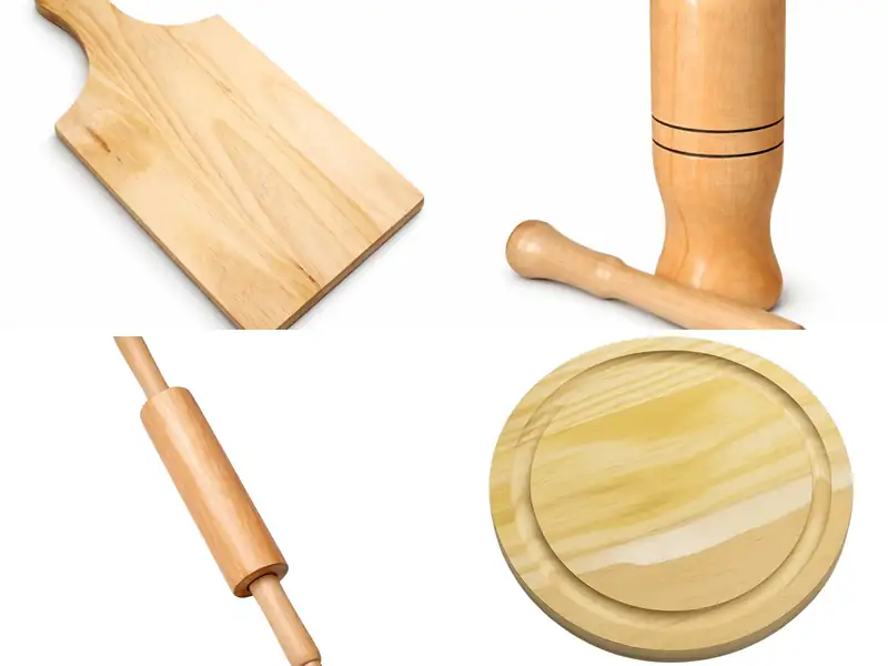Utensílios de madeira para cozinha: tábua de corte, pilão, rolo de massa e prato de madeira